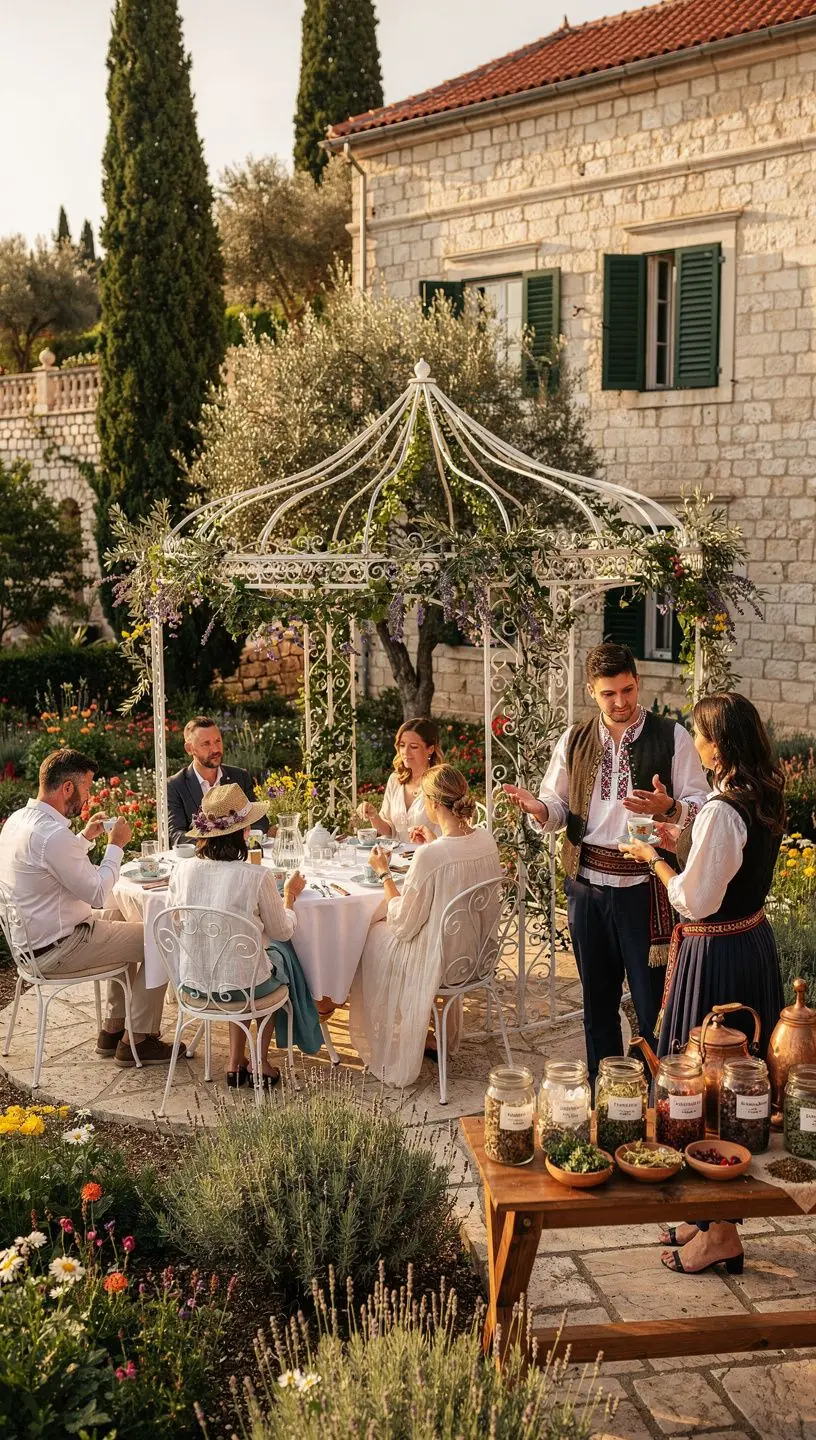 Svježe ubrano bilje pored šalice čaja na sunčanoj terasi