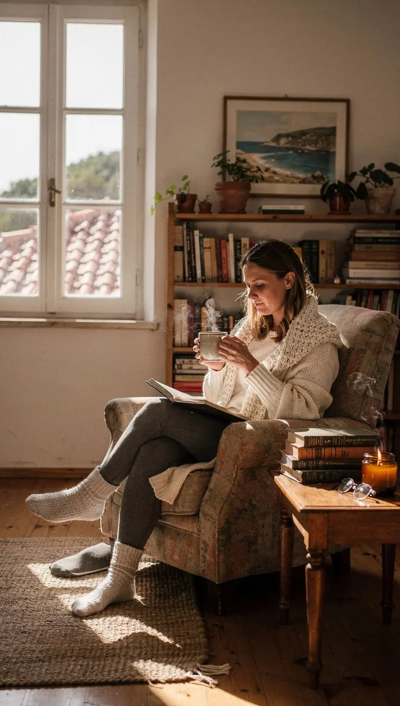 Scena mirnog poslijepodneva s čajem i knjigom na stolu