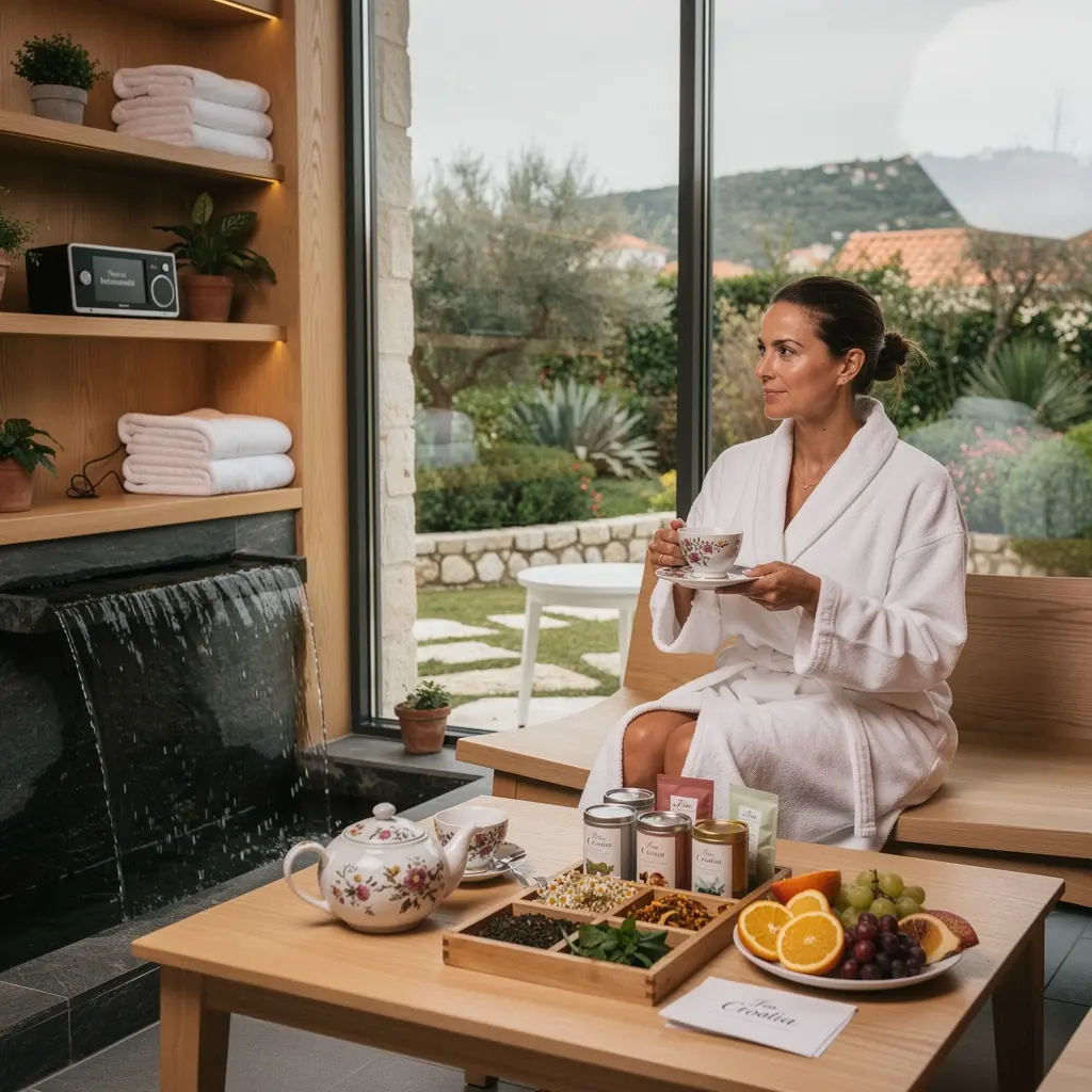 Zeleni čaj s mirisnim biljem u šalici na drvenom stolu