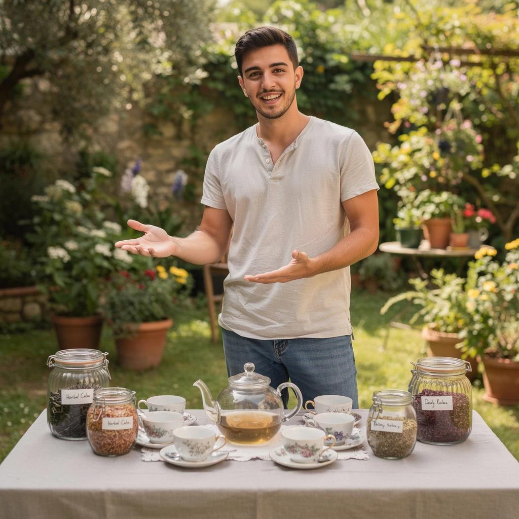 Parna šalica čaja s limunom i medom, okružena svježim biljem.